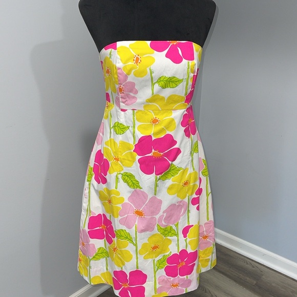 Lilly Pulitzer vintage Strapless A-Line Dress Yellow Pink size 4 floral pattern - Picture 8 of 16